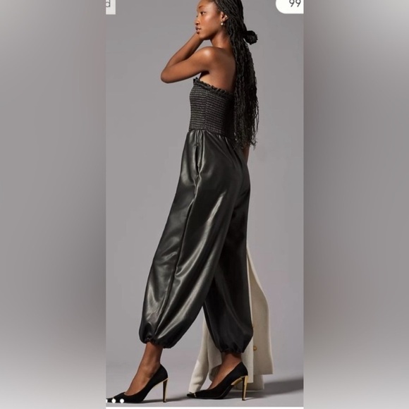 Anthropologie Pants - Anthropologie Faux Leather strapless Balloon Jumpsuit black Size S NWT
